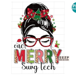 Puede incluir: Gráfico digital con la cara de una mujer con moño, gafas y un lazo navideño. El texto dice "one MERRY Sung tech" en colores y patrones festivos, ideal para ropa navideña.