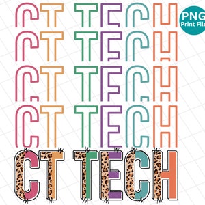 Puede incluir: Un diseño digital colorido que repite el texto "CT TECH" en varios colores y estilos. El diseño incluye un icono de archivo de impresión PNG en la esquina superior derecha. El texto es de estilo retro.