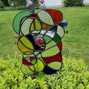 Buntglasfenster,Abstraktes Glasbild, Kunststil, modernes Fensterbild, Glaskunst, Buntglas mit vielen Strukturen, Sonnenfänger, Fensterbehang