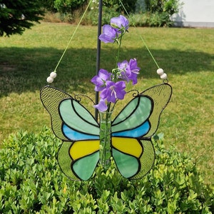 Creative butterfly shape flower vase, stained glass flower holder, hanging flower vase, unique vase, home decor, window decor