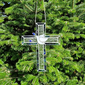 Glass cross with blue edge and a dove, Christmas decoration, Christian gift, glass art, window hanging, home decoration