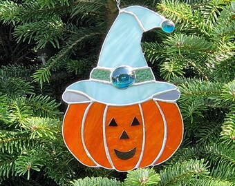 Halloween pumpkin in witch hat, Halloween decoration, Halloween ornament, autumn decoration, stained glass pumpkin autumn decoration, Halloween and autumn gift