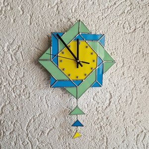 Modern wall clock with geometric shapes made of stained glass, modern wall clock, handmade