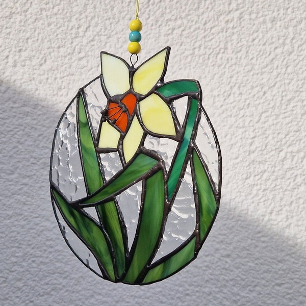 Blumen Narzissen, Buntglas, Frühlingsdeko, Fensterbild, Glaskunst, Geschenk