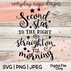 May include: A digital download of a graphic design featuring a pink and white watercolor background with gold glitter stars. The text reads "Second star to the right and straight on til morning".