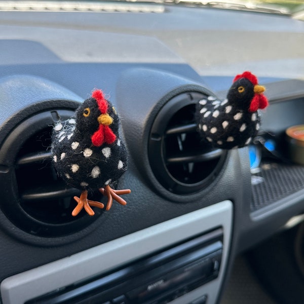 Handmade Wool Chicken Car Vent Clip: Black Polka Dot Farm Decor