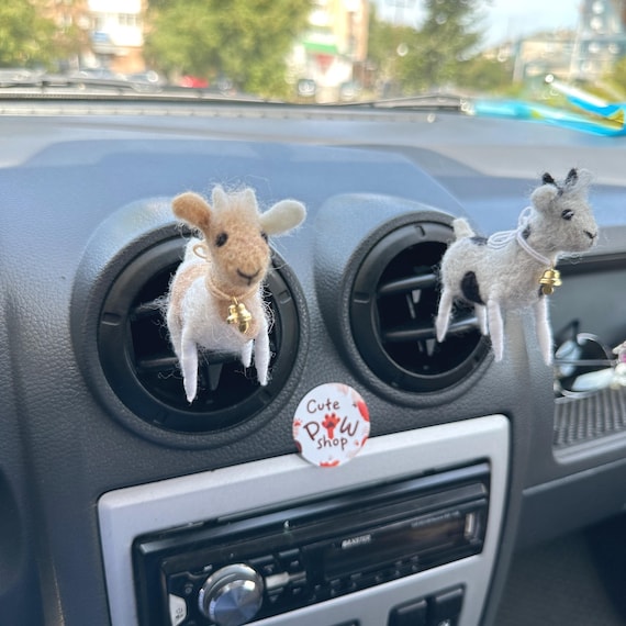 Goat lover gift Farmer car accessories Needle felted goat car freshies Cute goat with a bell air vent clip Farm animal car freshener
