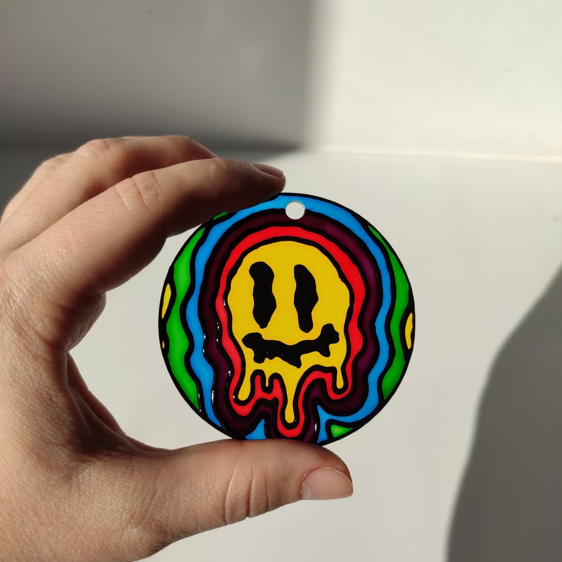 Melted smiley face rear view mirror suncatcher Dripping smiley Etsy