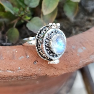 Rainbow Moonstone Ring, 925 Sterling Silver Locket Ring, Secret Compartment Jewelry, June Birthstone Gift