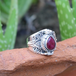Pear Ruby Sterling Silver Box Ring: Secret Message Jewelry