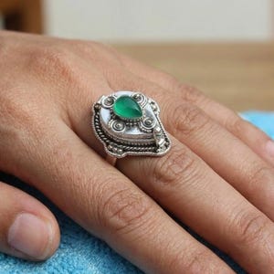 Handmade Green Onyx Locket Ring, 925 Sterling Silver Secret Compartment Jewelry, Gift for Her