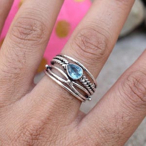 Handmade Blue Topaz Ring for Women, Teardrop Gemstone Multi Layer Band Ring, Ethnic Statement Jewelry, Halloween Gift for Her