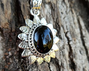 Black Onyx Pendant, 925 Silver Plated,Hippie Pendant,Ultimate PendantExclusive Pendant, Flower Design Pendant,Halloween Gift,Christmas Gift