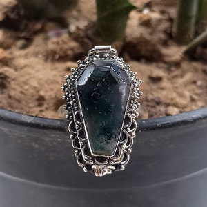 May include: A silver ring with a dark green gemstone set in a coffin-shaped design. The ring has intricate details and a filigree pattern.