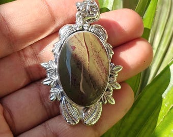 Ciondolo floreale in diaspro in argento sterling, collana con foglia in pietra naturale, gioiello boho di tendenza