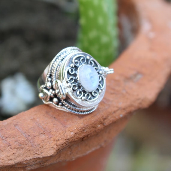 Designer Natural Moonstone Stone Poison Ring925 Sterling