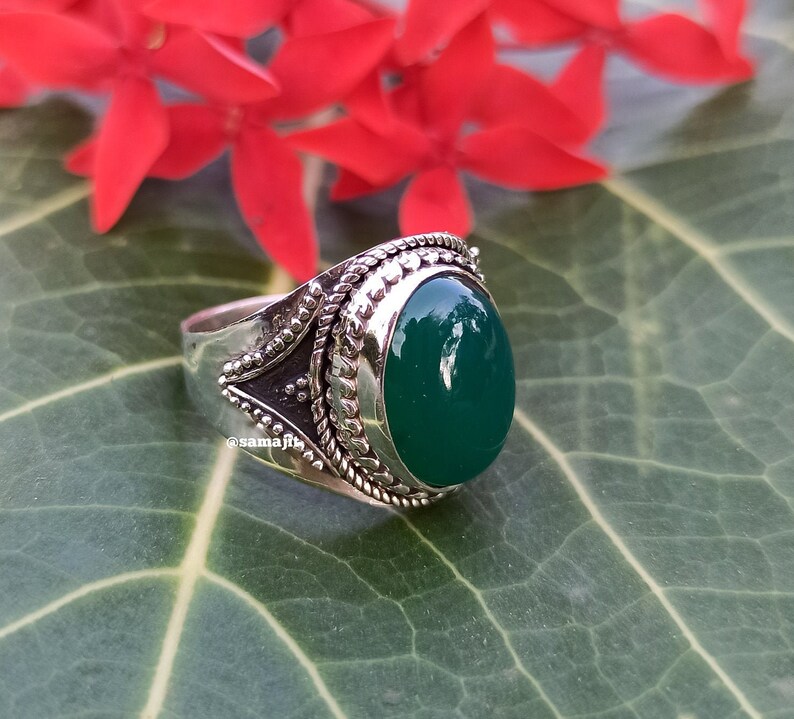 Mandala Ring Green Onyx Ring Gypsy Ring Oval Stone Ring Hippie Jewelry Ring Bohemian Ring Green Stone Ring 925 Sterling Silver Ring