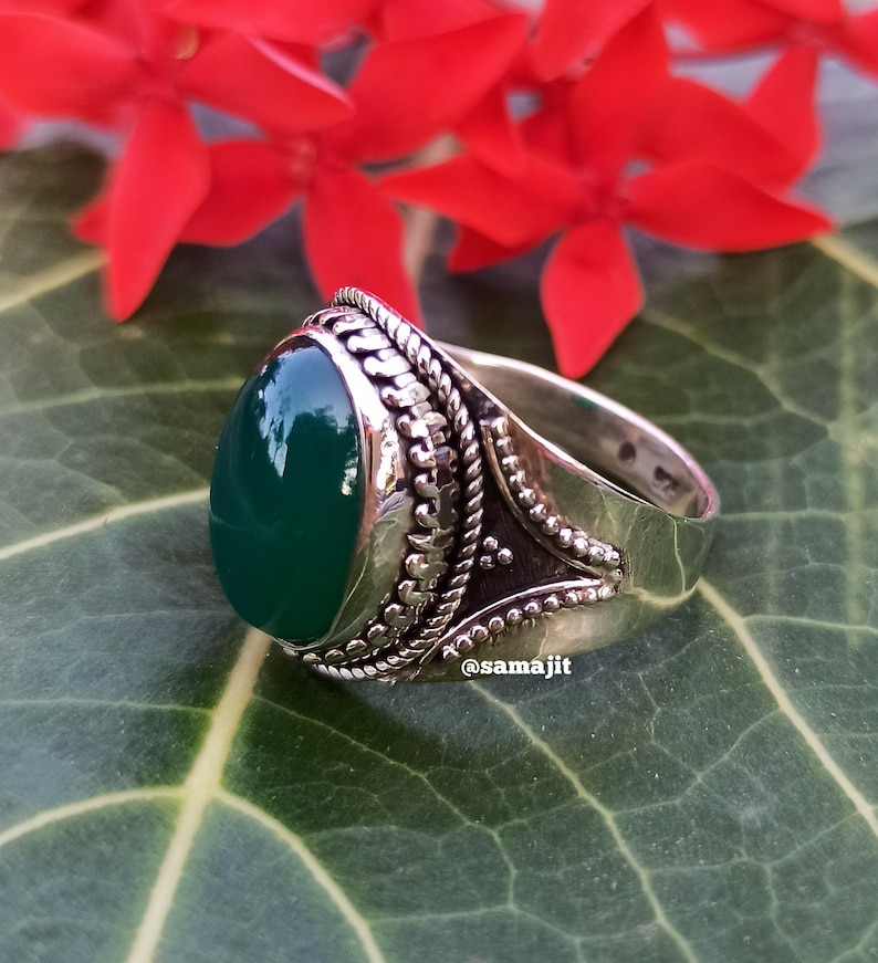Mandala Ring Green Onyx Ring Gypsy Ring Oval Stone Ring Hippie Jewelry Ring Bohemian Ring Green Stone Ring 925 Sterling Silver Ring