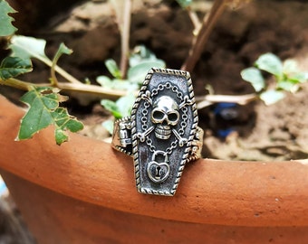 Ghost Rider Box Ring,925 Sterling Silver Ring, Coffin Locket Ring, Designer Rings For Gift ,Halloween Gift, Christmas Gift,Pill box ring