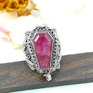 Coffin Ring|Box Ring|Natural Ruby Gemstone Ring|Silver Plated  Ring|Mother&#39;s Day Gift|Coffin Locket Rings For Women And Girl
