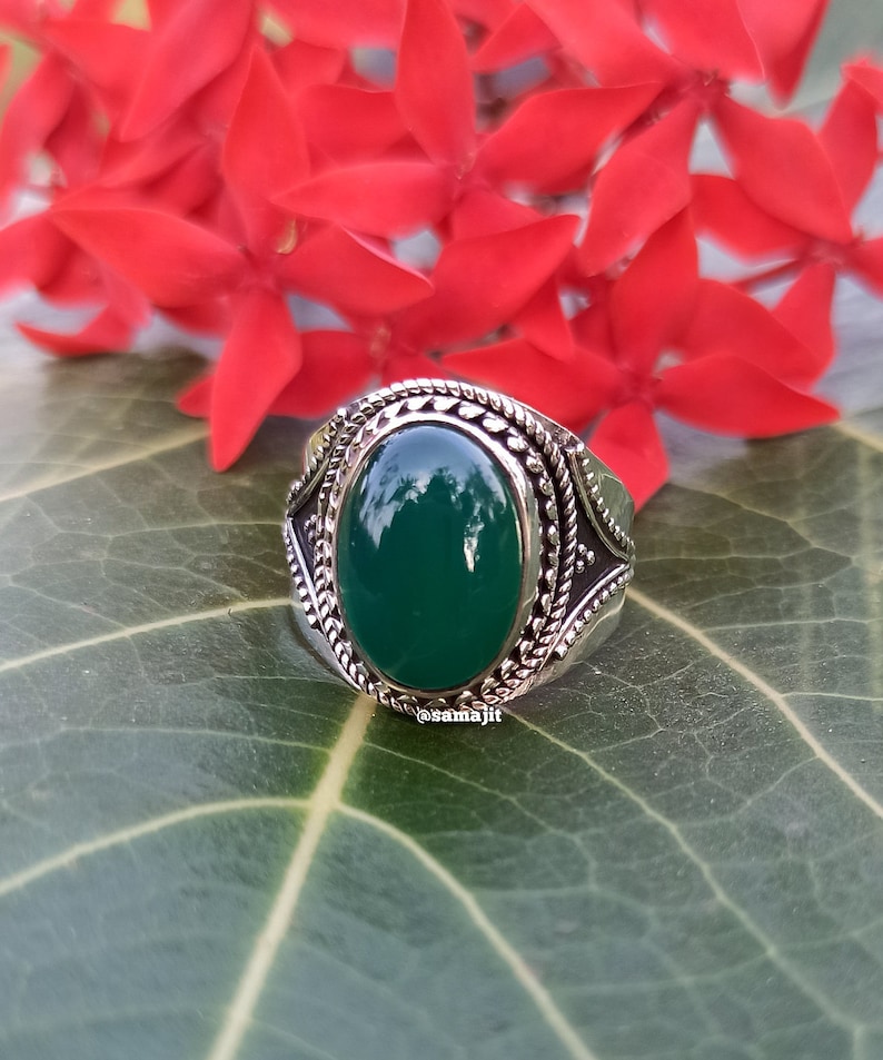 Mandala Ring Green Onyx Ring Gypsy Ring Oval Stone Ring Hippie Jewelry Ring Bohemian Ring Green Stone Ring 925 Sterling Silver Ring