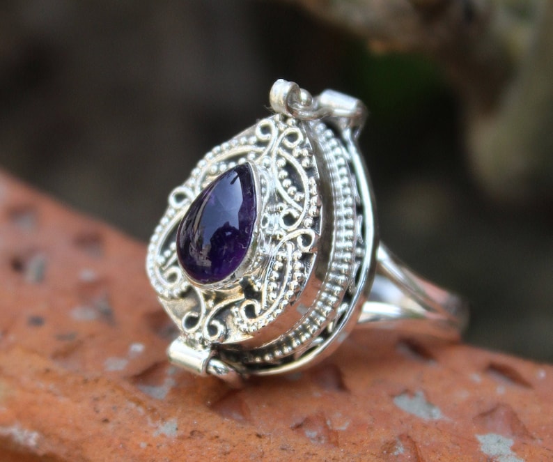 Poison Box Ring ,925 Silver Plated Ring Natural Amethyst Stone Box Ring,Poison Ring ,Box Ring,Halloween Gifts Christmas Gift,Handcraft Rings image 1