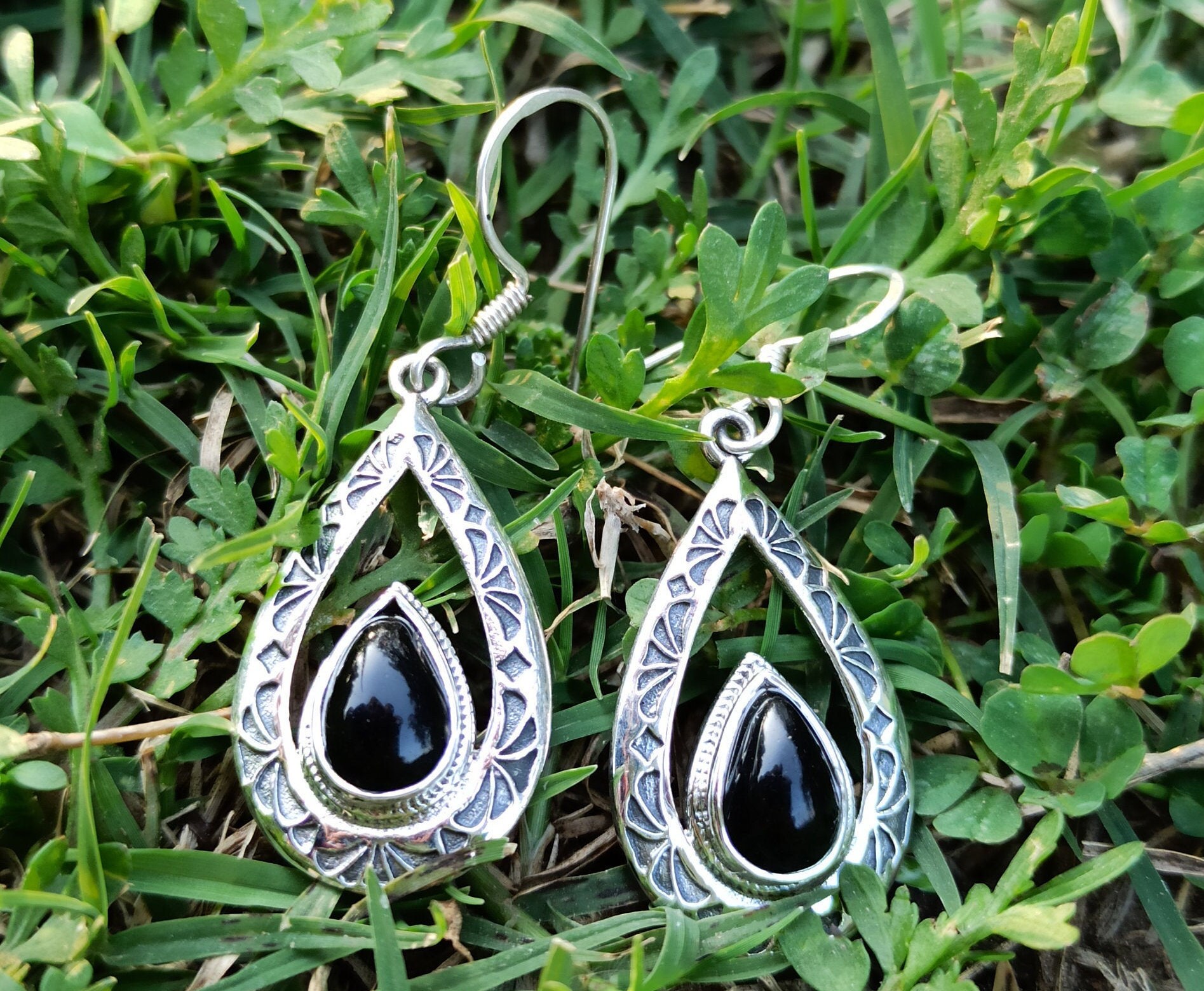 Orecchini A Goccia In Argento 925 Con Onice Nero - Design Farfalla In Filigrana - Regalo Per Donna - 3