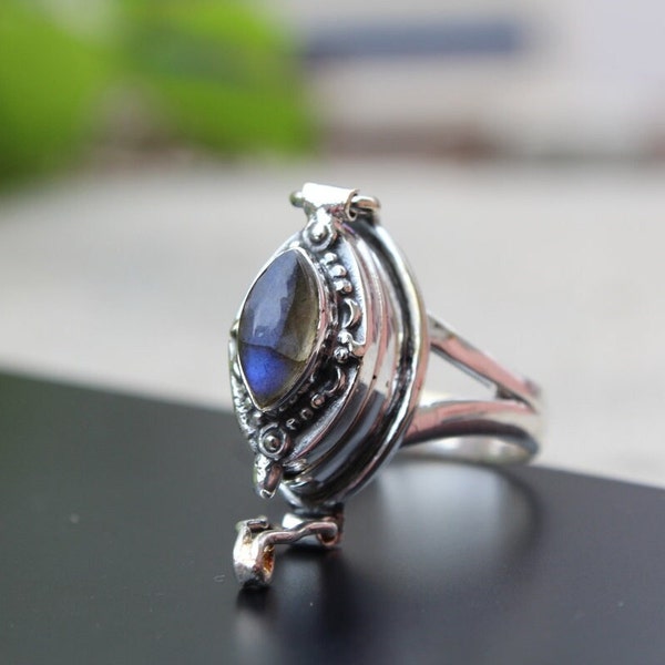 Bague empoisonnée en labradorite, bague plaquée argent 925, bague empoisonnée, bague pour la Saint-Valentin, bagues artisanales, cadeau de Noël, cadeau de nouvel an