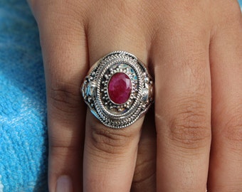 Designer Natural Ruby Stone Poison Box Ring|925 STERLING Silver Plated Ring|Poison Box Ring|Statement Box Ring|Valentine Gift|Poison Ring