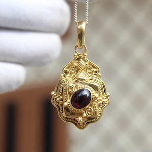 24k Golden Plated Garnet Pendant - Oval Stone, Boho Design