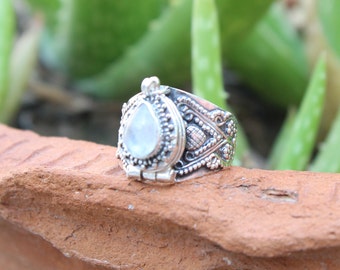 Moonstone Box Ring: 925 Sterling Silver Secret Stash Poison Ring, Halloween Gift for Her