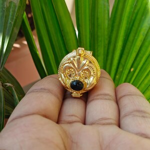 Puede incluir: Colgante dorado ornamentado con una piedra negra central. El colgante tiene un diseño detallado en relieve con patrones florales y geométricos. El colgante redondo se sostiene en una mano sobre un fondo de hojas verdes.