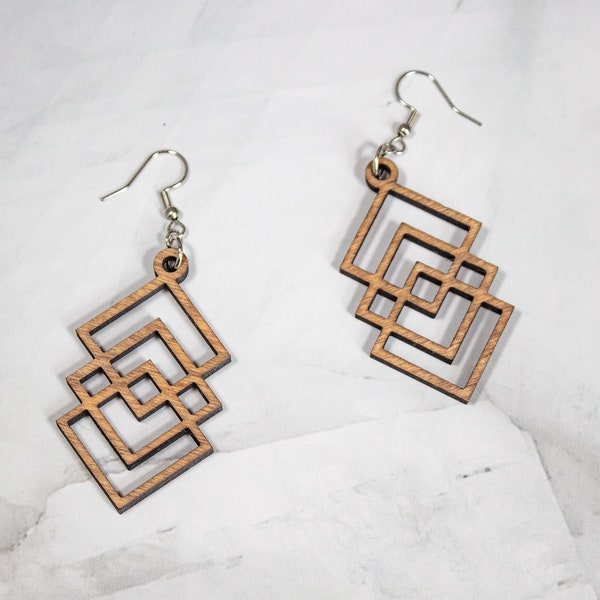 Lightweight Geometric Wood Dangle Earrings | Neutral Statement Earrings | Natural Wood Jewelry | Hypoallergenic Stainless Steel