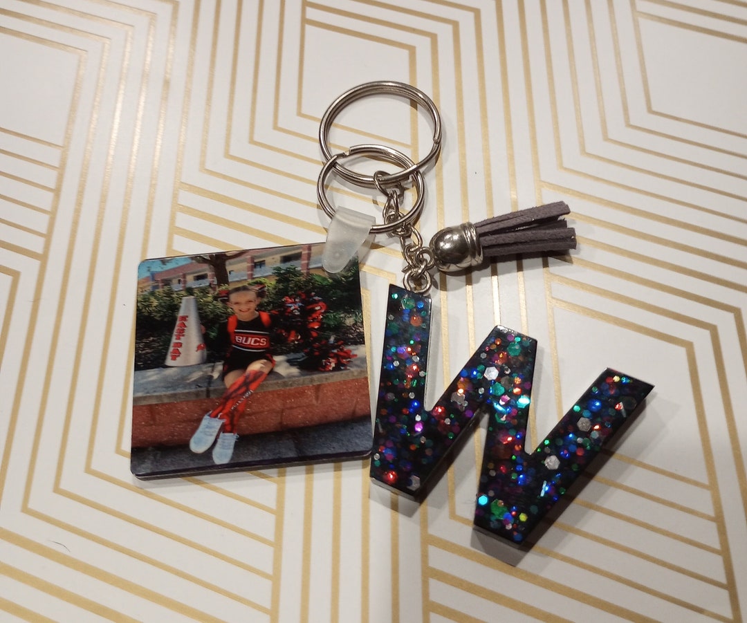 Custom Keychain, Photo Keychain, Initial Glitter Keychain, Gift