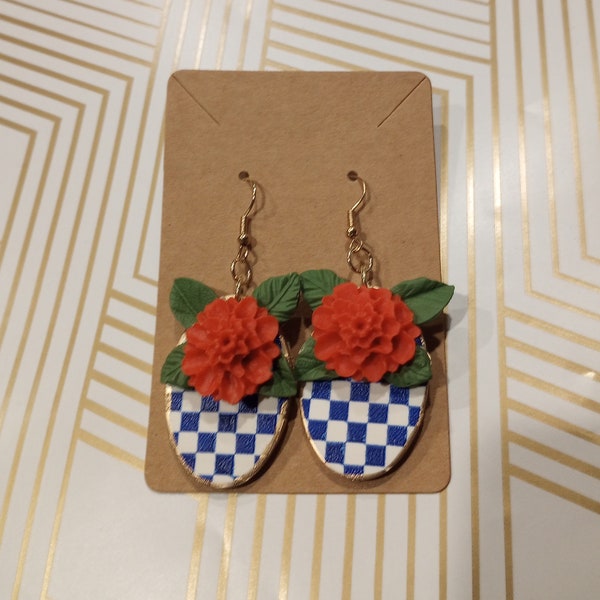 Polymer Clay Earrings, Earrings, Handmade Earrings, Blue/White Checked Earrings, Floral Earrings, Dangle Earrings, Gift for Her, Christmas