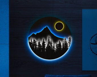 Arte da parete in legno di montagna con led, insegna al neon di montagna, insegna a led di montagna, luce a led di montagna, luce notturna di montagna, luce al neon di montagna