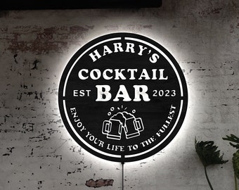 Bar Schild, rundes Bar Schild, Bar Neon Lights, Cocktailbar Dekor, Bier Schilder Neon, Cocktailbar Schild, Benutzerdefiniertes Holzschild, Light up Bar Schild