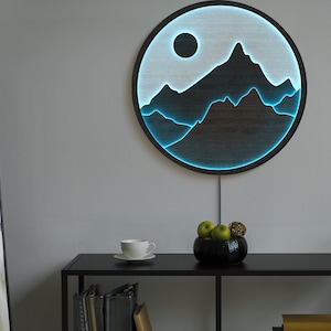 Insegna rotonda di montagna, applique a LED per montagna, insegna luminosa per montagna, decorazione murale in legno per montagna, insegna a LED per montagna, luce a LED per montagna