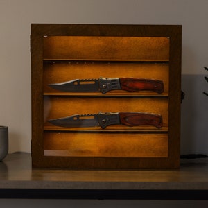 Könnte beinhalten: Eine Holzvitrine mit zwei Messern. Jedes Messer hat eine silberne Klinge und einen rotbraunen Griff. Die Vitrine ist von innen beleuchtet und erzeugt einen warmen Schein. Die Messer werden auf separaten Regalen ausgestellt.