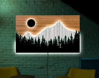 Arte murale a LED con montagna, Luce notturna di montagna, Arte murale con foresta, Montagne al neon, Arte murale in legno con montagna, Montagna con alberi, Montagna illuminata