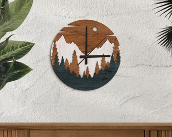 Mountain Wall Clock,Wood Mountain Clock,Forest Wood Clock,Mountain Wall Decor,Nature Wall Clock,Decorative Wall Clock Modern,Wood wall clock