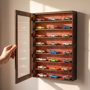 May include: A wooden display cabinet with several shelves, showcasing a collection of toy cars. The cabinet is dark brown with a glass door. The toy cars are in various colours and styles.