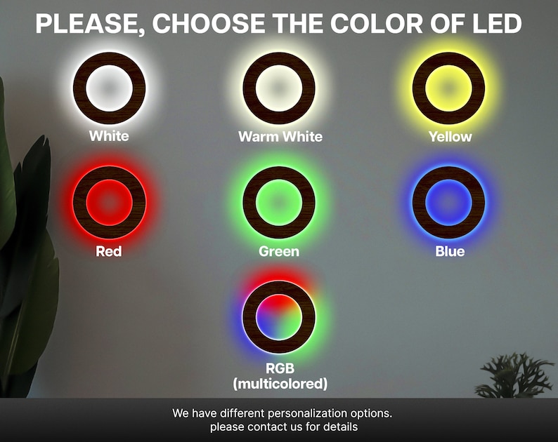 May include: A selection of LED light colors, including white, warm white, yellow, red, green, blue, and RGB (multicolored). The text "PLEASE, CHOOSE THE COLOR OF LED" is at the top of the image.