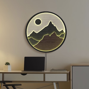Arte da parete in legno di montagna, insegna led di montagna, luce led di montagna, luce notturna di montagna, arte da parete in legno di montagna con led, insegna al neon di montagna
