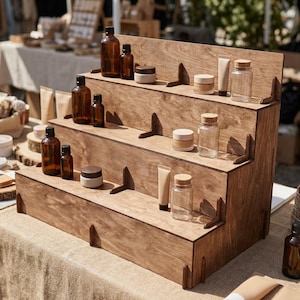Peut inclure: Un pr&eacute;sentoir en bois &agrave; plusieurs niveaux pr&eacute;sentant diverses bouteilles, pots et tubes en verre ambr&eacute;. Le pr&eacute;sentoir est en bois clair et comporte plusieurs &eacute;tag&egrave;res. Les articles expos&eacute;s comprennent des bouteilles avec des bouchons en li&egrave;ge et de petits pots de cr&egrave;me.