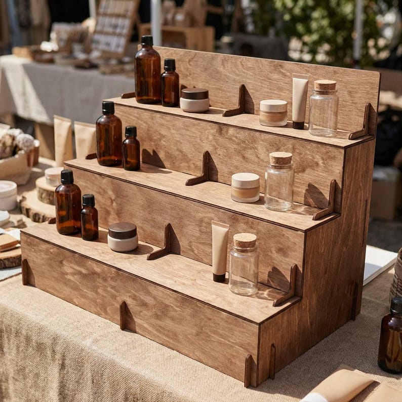 Peut inclure: Un pr&eacute;sentoir en bois &agrave; plusieurs niveaux pr&eacute;sentant diverses bouteilles, pots et tubes en verre ambr&eacute;. Le pr&eacute;sentoir est en bois clair et comporte plusieurs &eacute;tag&egrave;res. Les articles expos&eacute;s comprennent des bouteilles avec des bouchons en li&egrave;ge et de petits pots de cr&egrave;me.