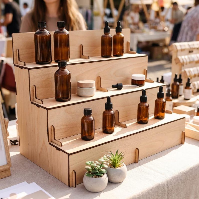 Peut inclure: Pr&eacute;sentoir en bois &agrave; plusieurs niveaux avec des flacons en verre ambr&eacute;, des pipettes et de petits pots. Le pr&eacute;sentoir est sur une table, avec de petites plantes en pot devant. Le tout est install&eacute; sur un march&eacute; en plein air.