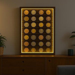 Op de afbeelding: Een houten display met een warme gele LED-rand, met een verzameling munten. De munten zijn in rijen gerangschikt op donkerbruine planken. De munten variëren in kleur, van goud tot zilver.