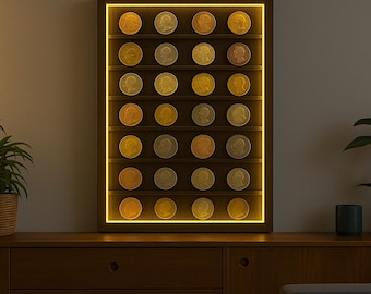 Coin display case wall with led,Coin display cabinet,Wood Coin Holder,Coin box display,Challenge Coin Rack,Coin display stand