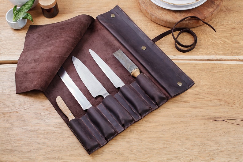 Knife bag chef,Chef knife roll,Leather knife roll,Personalized roll,Leathet tool roll,Tool roll,Brown knife rolll,Knife case,Chef knife bag image 1